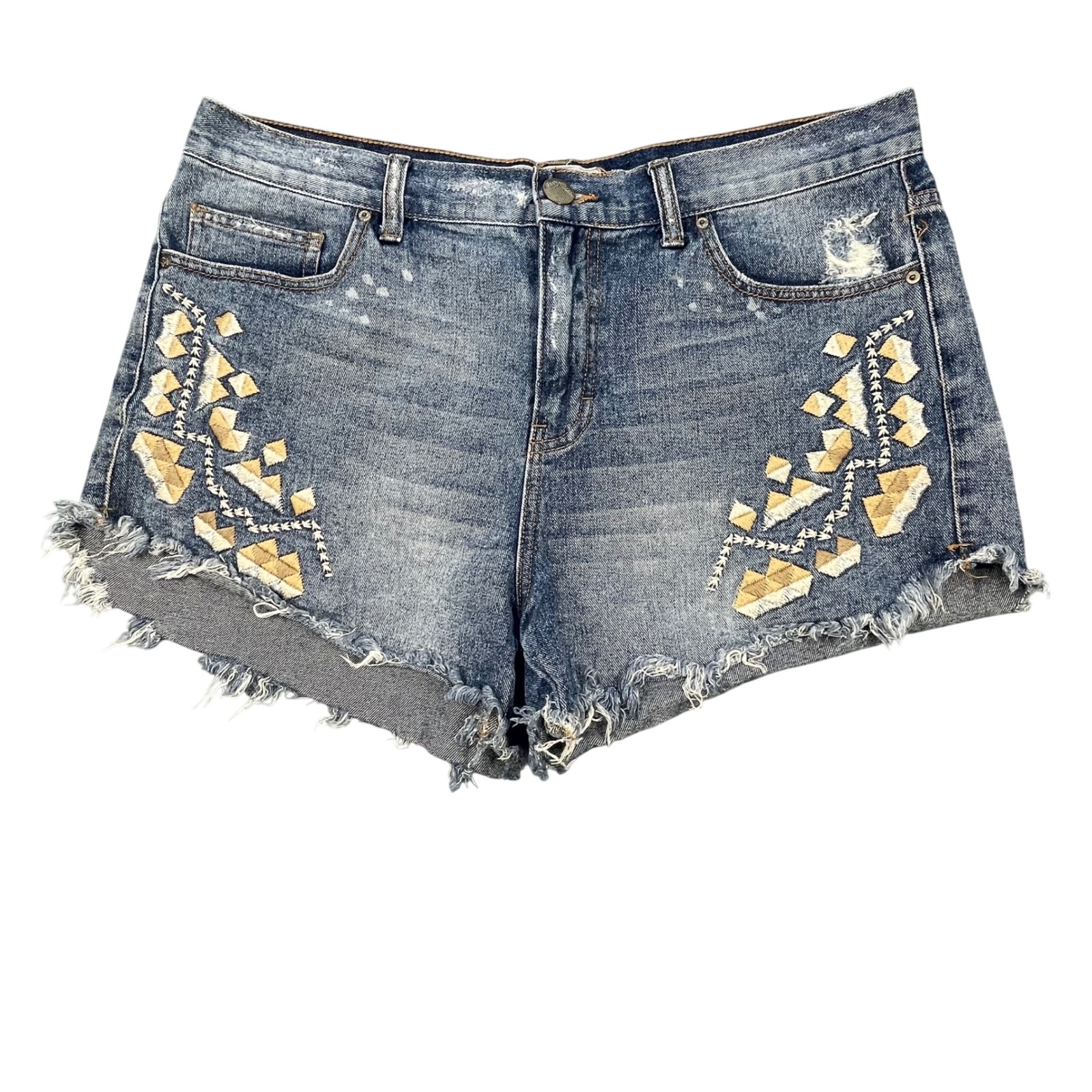 Free People Blue Denim Shorts Embroidered Raw Hem Cut Off Womens Size 31
